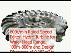 600 r/min Velocità nominale Turbina idroelettrica Pelton per testa d'acqua 100-800m e scarica progettata di 0,385m3/s